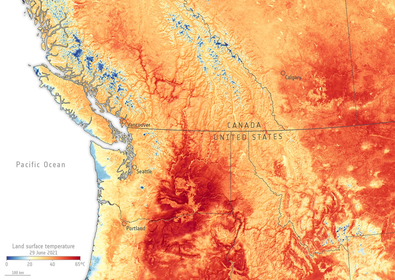 Canada–US heatwave. Image: European Space Agency