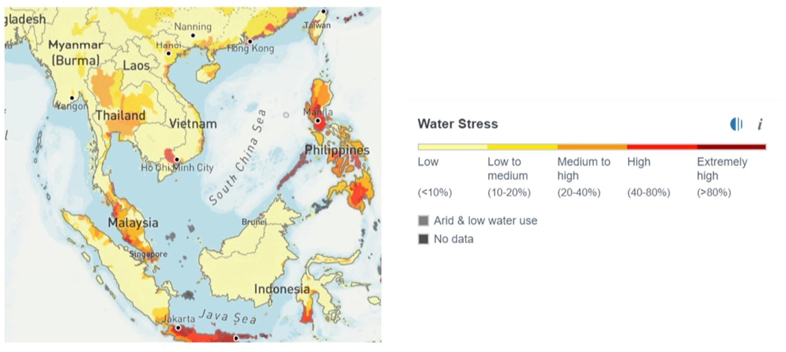 Figure 2: Water Scarcity Index (ratio between water demand and water supply) in 2040 under the SSP2-4.5 scenario (Source: Aqueduct). Values between 20% and 40% are considered as mild or emerging water scarcity. Values above 40% are considered as severe water scarcity.