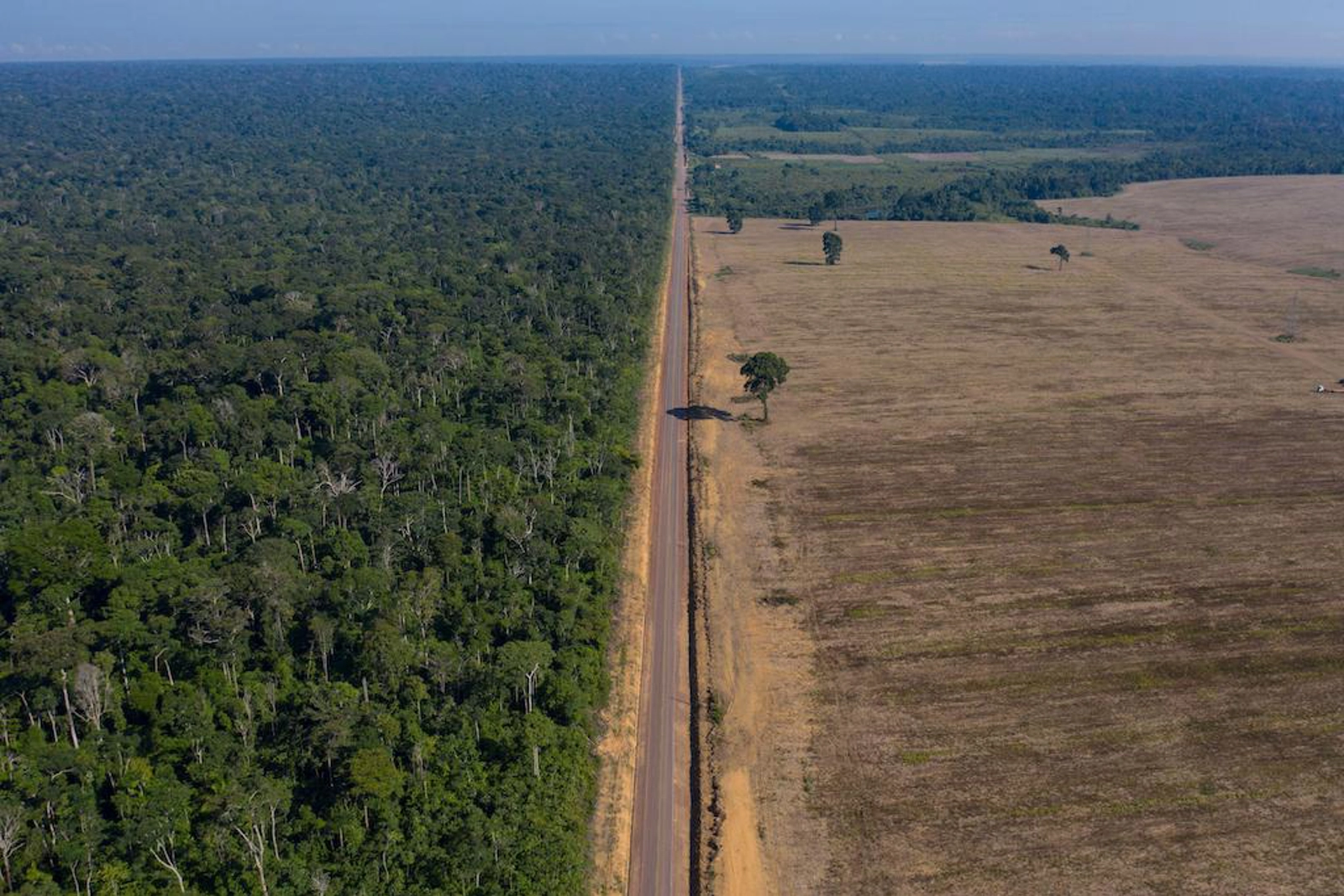 2MECWHW FILE &#8211; In this Nov. 25, 2019 file photo, highway BR-163 stretches between the Tapajos National Forest, left, and a soy field in Belterra, Para state, Brazil. Preliminary data released on June 4, 2021, signaled deforestation of Brazils Amazon in May 2021 extended this year&#8217;s surge compared to 2020. (AP Photo/Leo Correa, File)