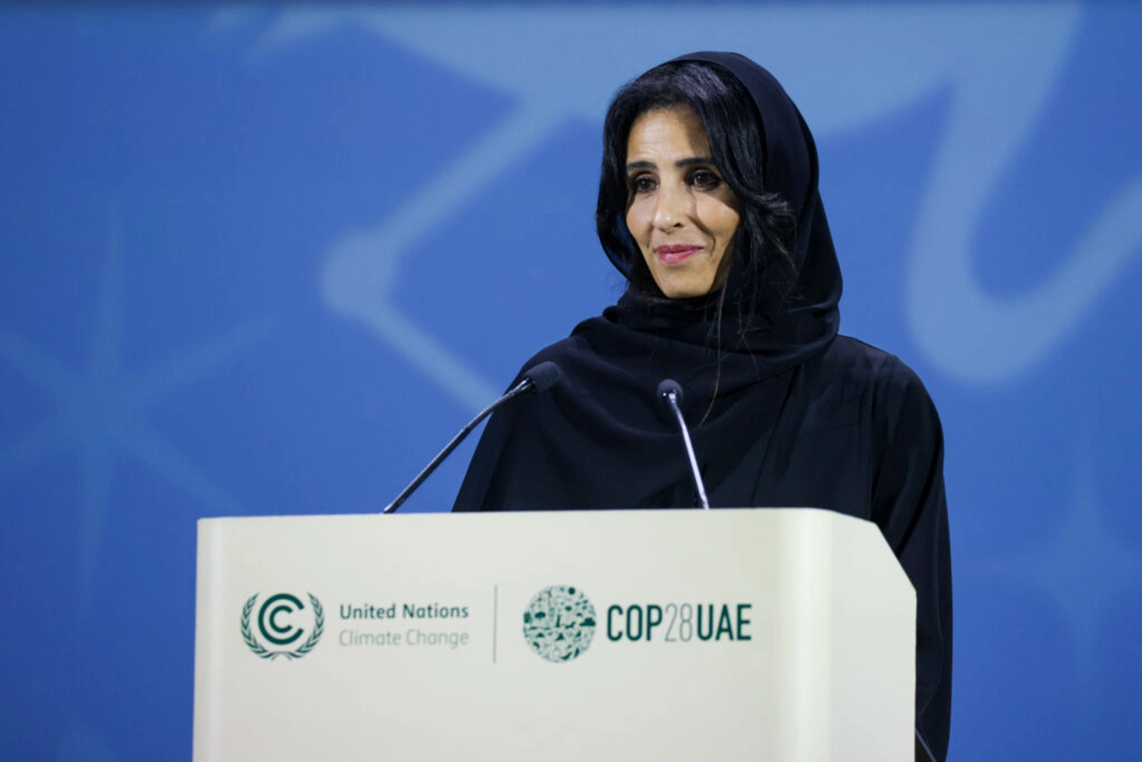 DECEMBER 4: H.E Razan Al Mubarak, UN High Level Champion for COP28 speaks during High-Level Dialogue on Gender-Responsive Just Transitions & Climate Action at Al Waha Theater during the UN Climate Change Conference COP28 at Expo City Dubai on December 4, 2023, in Dubai, United Arab Emirates. (Photo by COP28 / Christophe Viseux)