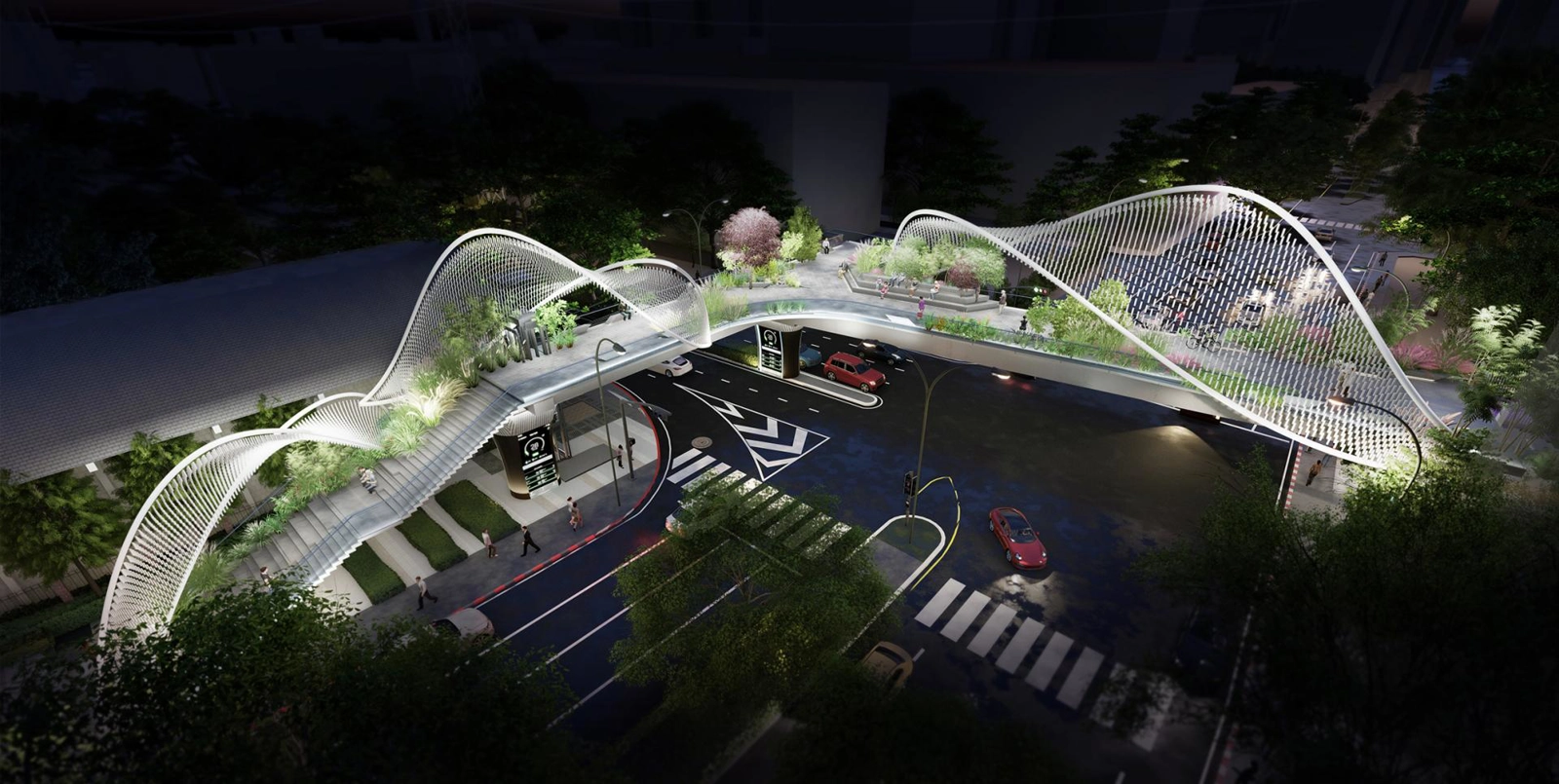 A proposed design for a pedestrian overpass in the centre of Bangkok; Main image: The Chao Phraya Sky Park