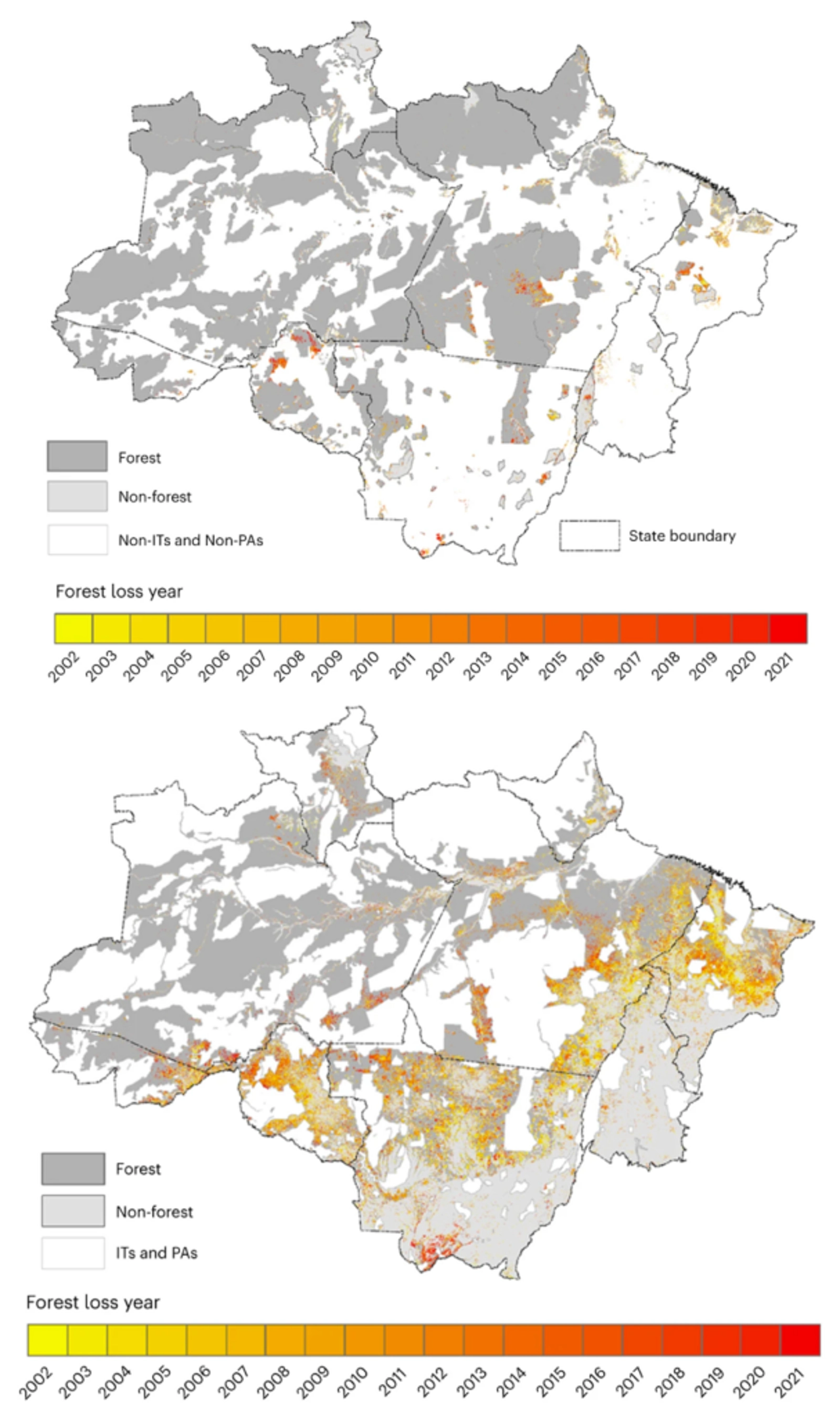 The spatial distribution of annual deforestation in the Brazilian Amazon in Indigenous territories and protected areas (a) and outside of those territories (b). In both maps, forest loss across the years is represented with pixels of different colours, ranging from 2002 (yellow) to 2021 (red). In both maps, dark grey represents areas that were forested in 2001 and light grey represents areas that were not. Source: Qin et al. (2023).