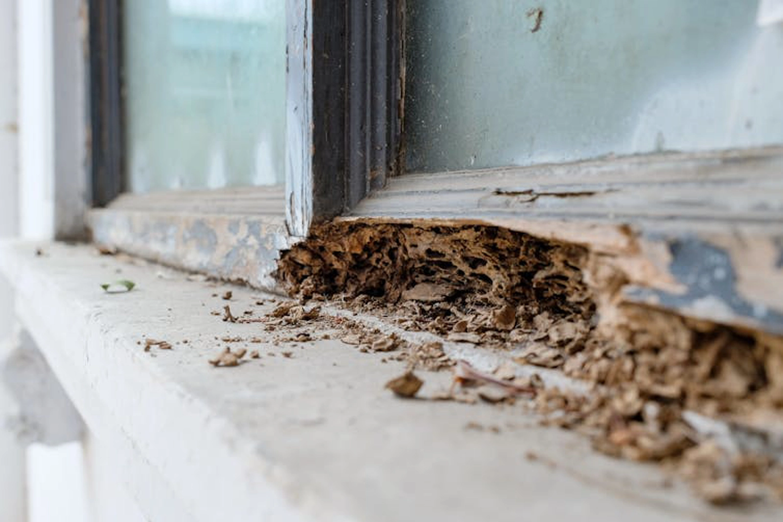 Termite damage on a wooden window frame. Attapon Thana/Shutterstock