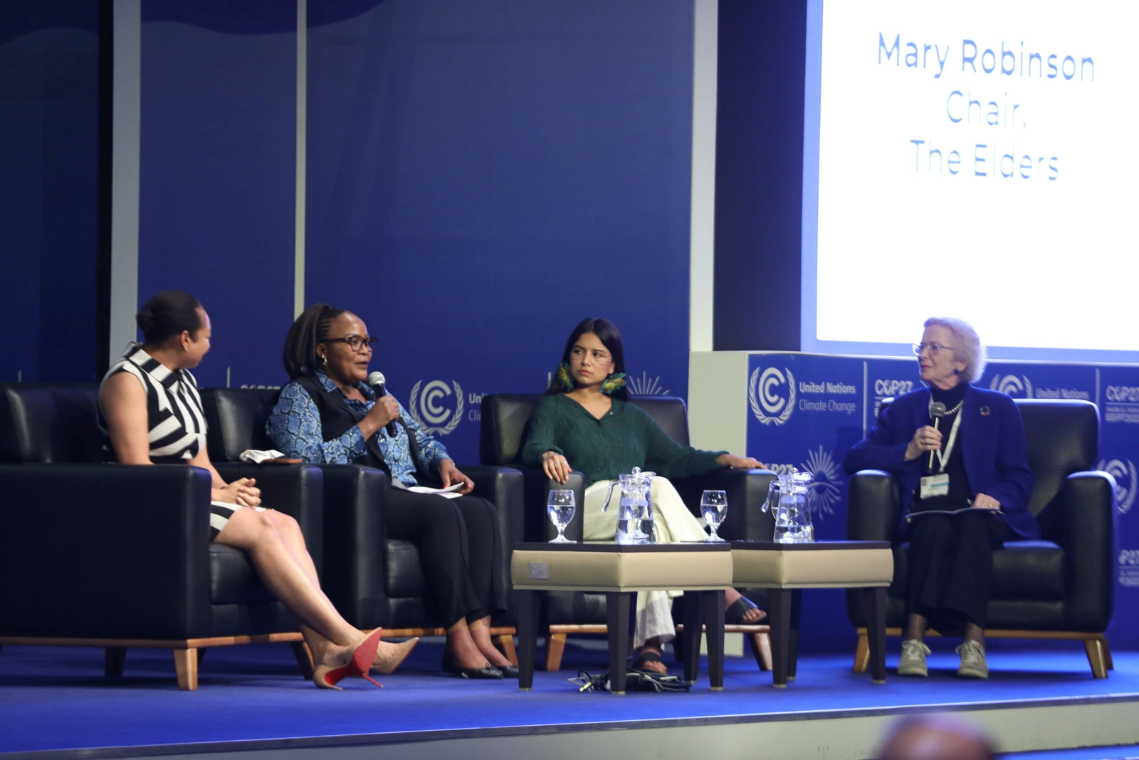 From left to right: Racquel Moses, CEO, Caribbean Climate-Smart Accelerator; Chilando Chitangala, Mayor of Lusaka; Helena Gualinga, Environmental and Human Rights Activist; Mary Robinson, Chair, The Elders.