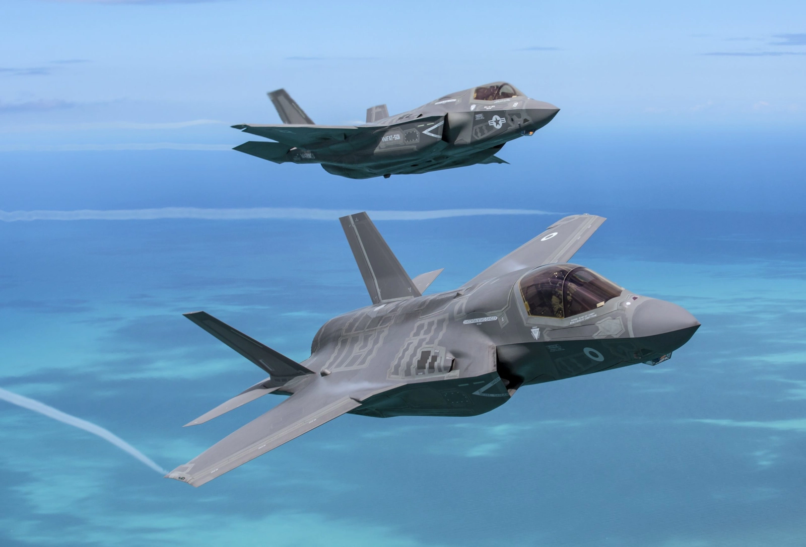 F-35B&#8217;s from the Royal Air Force (bottom) and US Marine Corps (USMC): Credit: UK Ministry of Defence 2021.